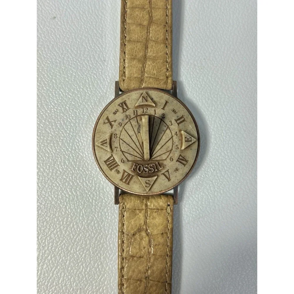 Vintage Sundial Fossil Brown Leather Analog Watch Novelty Wristwatch